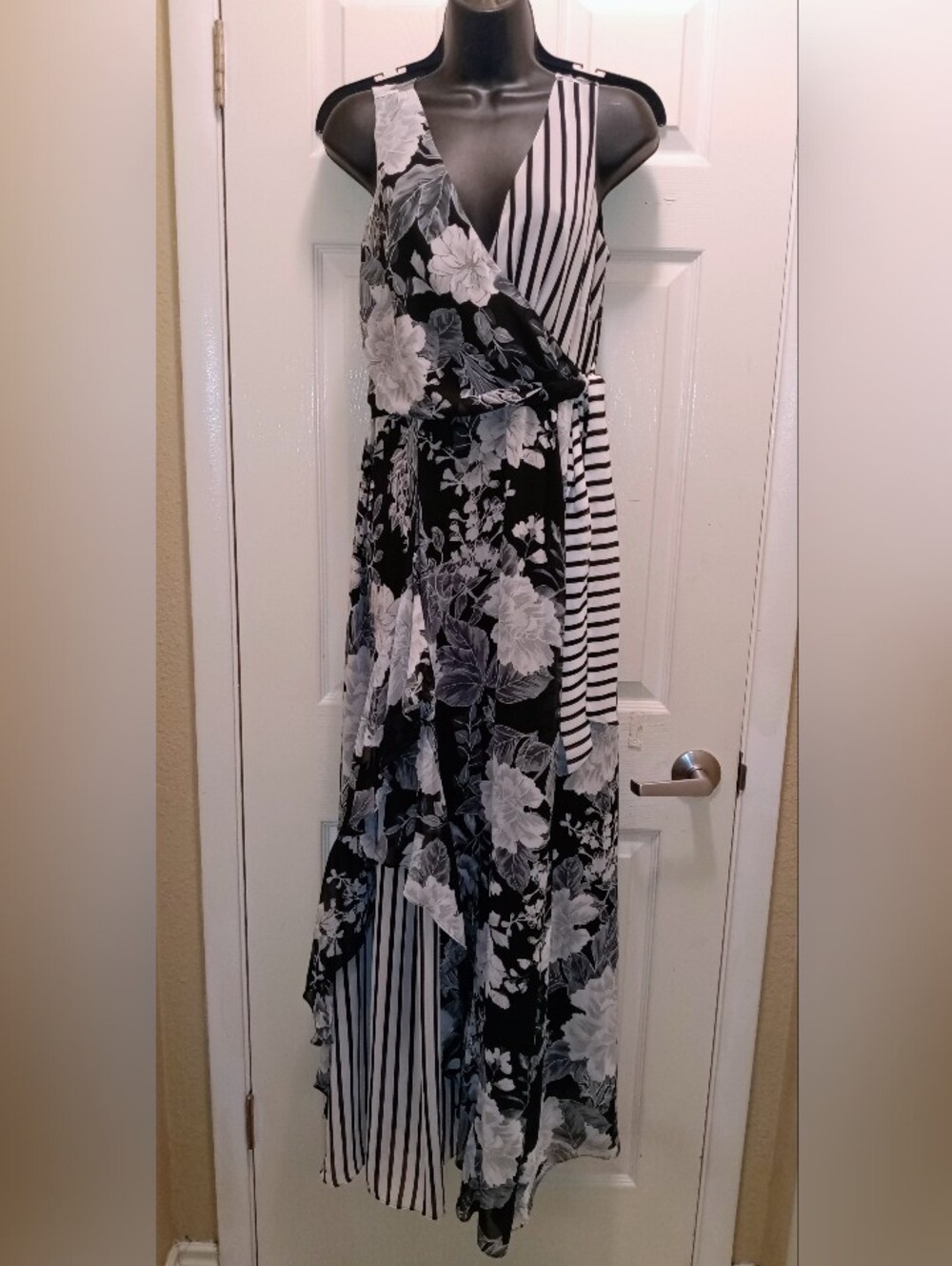 INC Maxi Silk Black & White Floral Striped Wrap Dress
